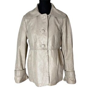 BERNARDO Cream Metallic Leather Swing Jacket Button Closure Pockets Size Medium
